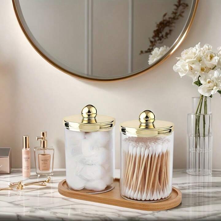 Kit Organizador de Banheiro com 3 Potes + Bandeja Dourada – Elegância, organização e praticidade no seu dia a dia