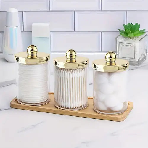 Kit Organizador de Banheiro com 3 Potes + Bandeja Dourada – Elegância, organização e praticidade no seu dia a dia