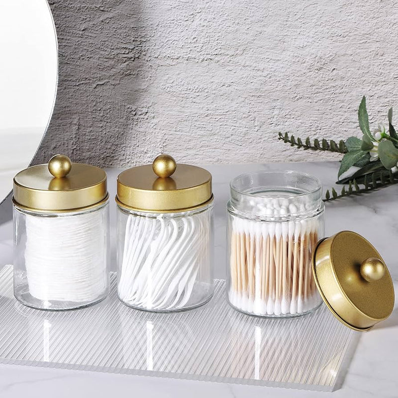 Kit Organizador de Banheiro com 3 Potes + Bandeja Dourada – Elegância, organização e praticidade no seu dia a dia