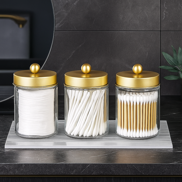 Kit Organizador de Banheiro com 3 Potes + Bandeja Dourada – Elegância, organização e praticidade no seu dia a dia
