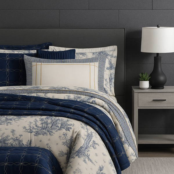 Kit Cama Queen 7 Peças – Cobre-Leito Bordado + Jogo de Cama Porcelana | Elegância, conforto e luxo acessível