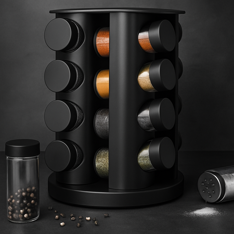 Suporte Giratório de Temperos Inox – Organização, elegância e praticidade na sua cozinha