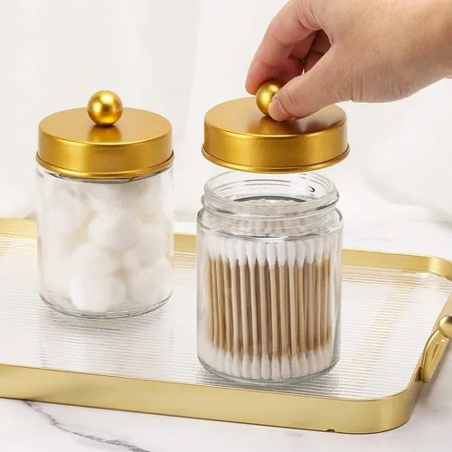 Kit Organizador de Banheiro com 3 Potes + Bandeja Dourada – Elegância, organização e praticidade no seu dia a dia