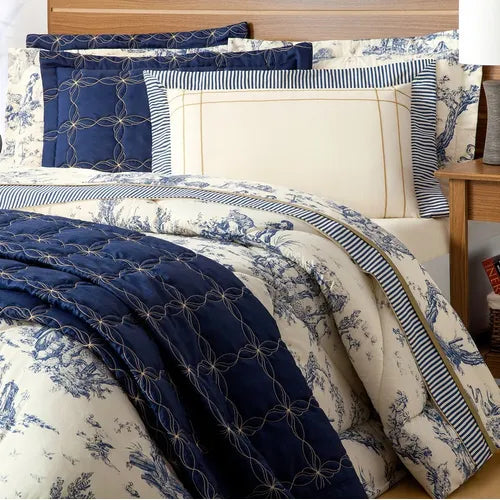 Kit Cama Queen 7 Peças – Cobre-Leito Bordado + Jogo de Cama Porcelana | Elegância, conforto e luxo acessível