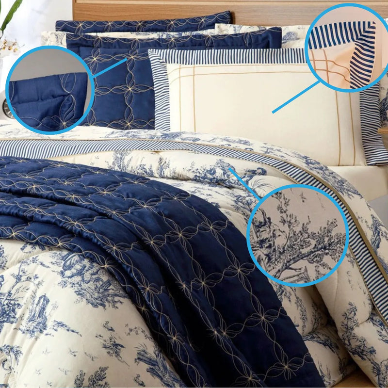 Kit Cama Queen 7 Peças – Cobre-Leito Bordado + Jogo de Cama Porcelana | Elegância, conforto e luxo acessível